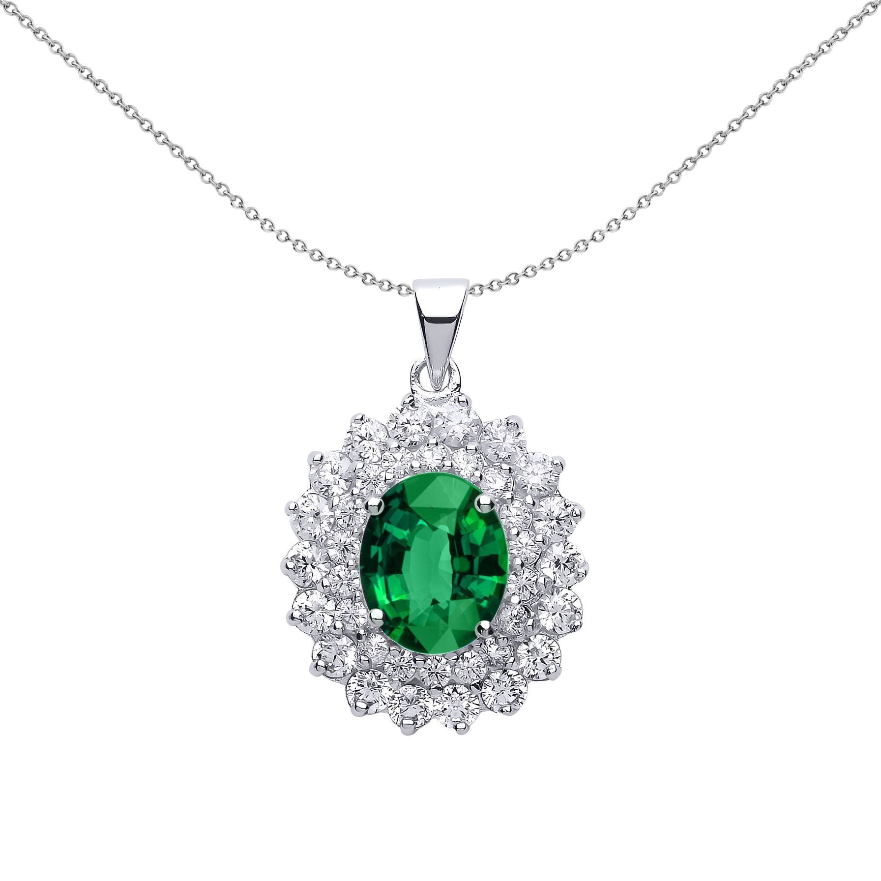 Silver  Green Oval CZ Royal Cluster Pendant Necklace - GVP217EM