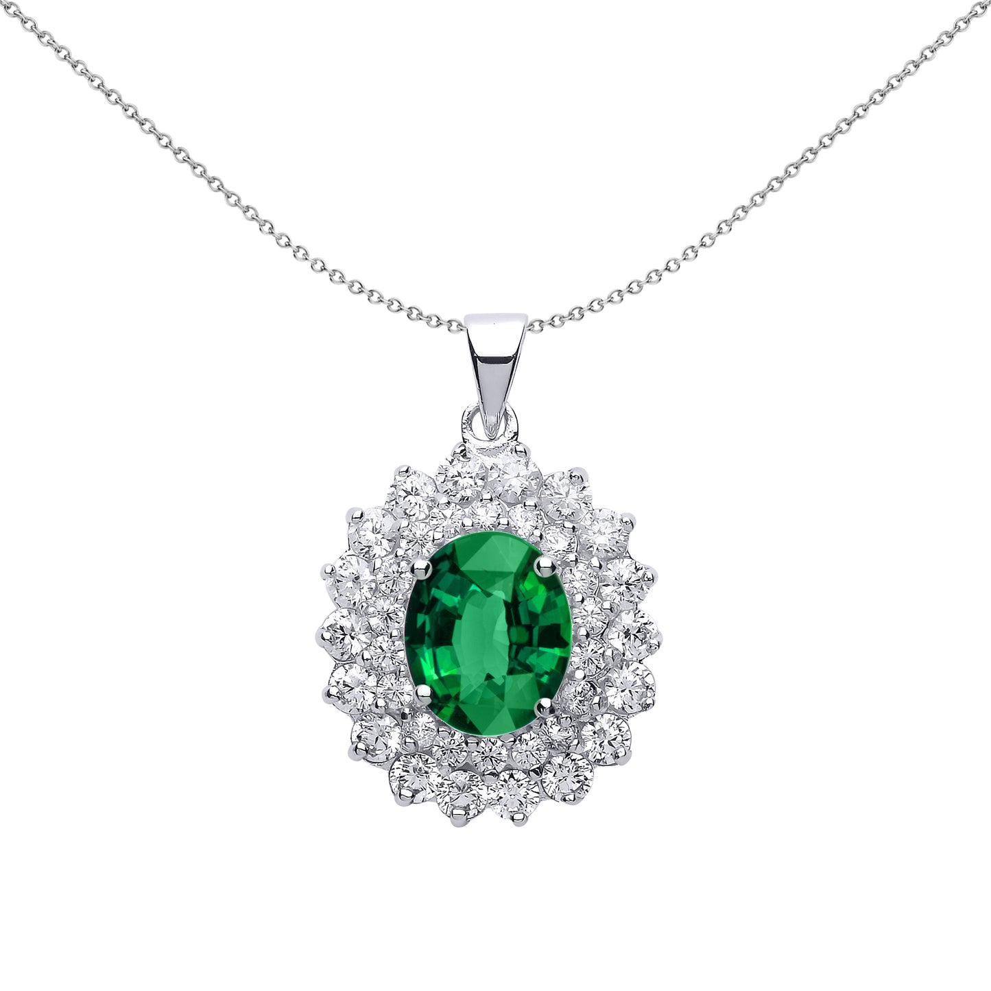 Silver  Green Oval CZ Royal Cluster Pendant Necklace 18 inch - GVP217EM