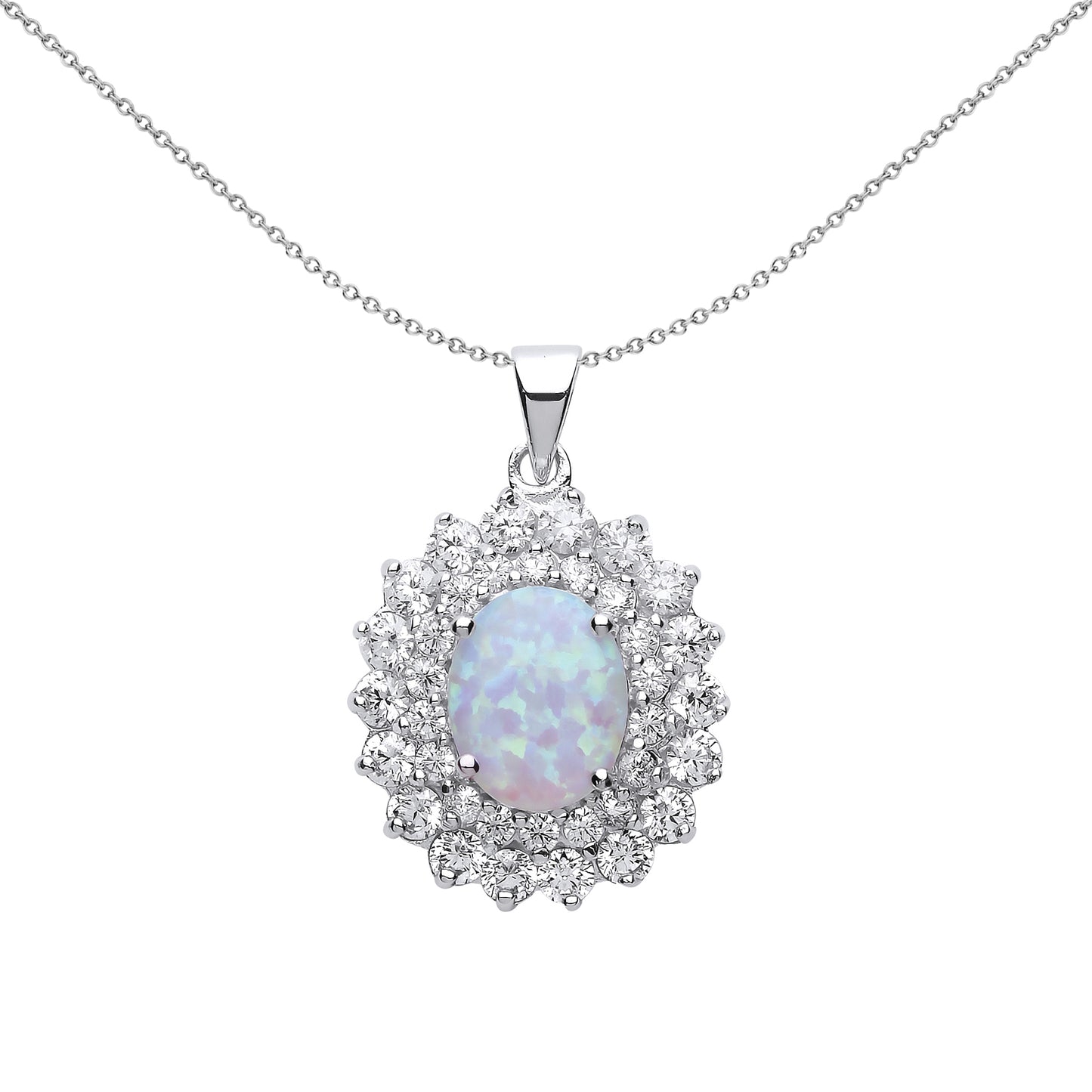 Silver  Oval Opal Royal Cluster Pendant Necklace 18 inch - GVP217OP