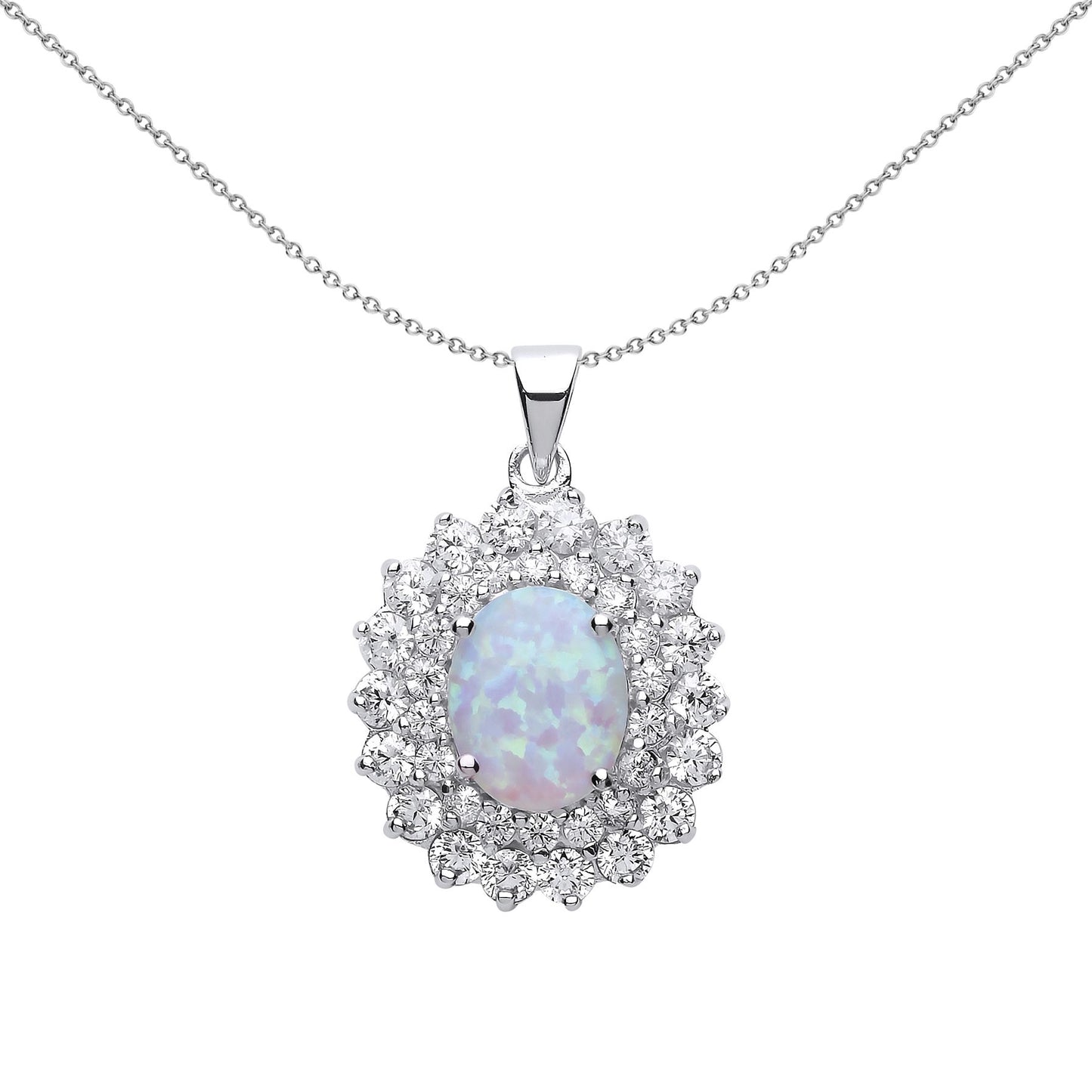 Silver  Oval Opal Royal Cluster Pendant Necklace 18 inch - GVP217OP
