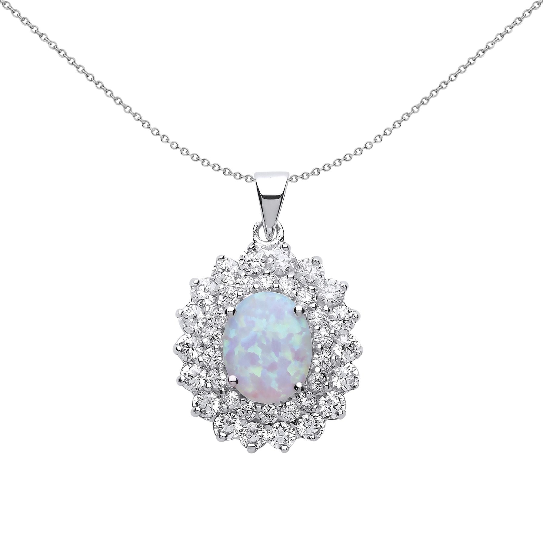 Silver  Oval Opal Royal Cluster Pendant Necklace 18 inch - GVP217OP