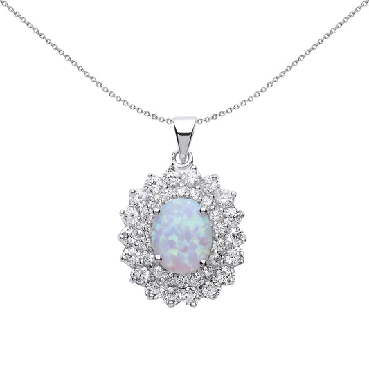 Silver  Oval Opal Royal Cluster Pendant Necklace 18 inch - GVP217OP
