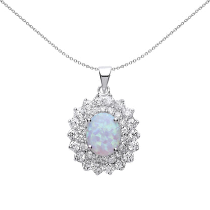 Silver  Oval Opal Royal Cluster Pendant Necklace 18 inch - GVP217OP