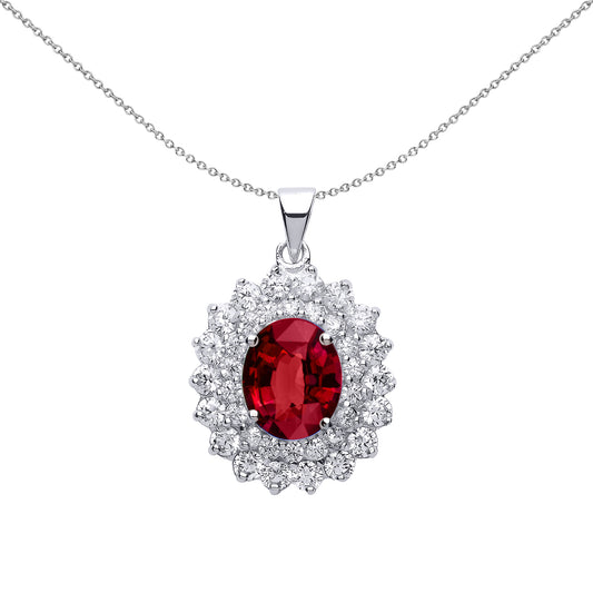 Silver  Red Oval CZ Royal Cluster Pendant Necklace 18 inch - GVP217RU