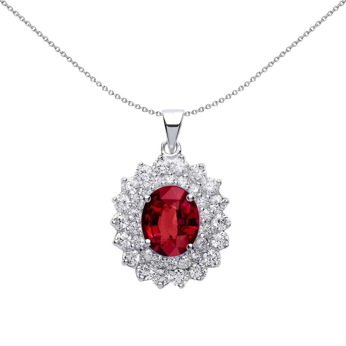 Sterling Silver  Red Oval CZ Royal Cluster Solitaire Halo Pendant - GVP217RU