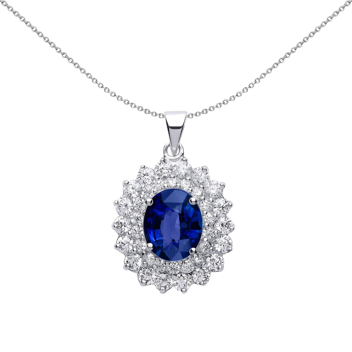 Sterling Silver  Blue Oval CZ Lady Di Solitaire Halo Pendant - GVP217SAP