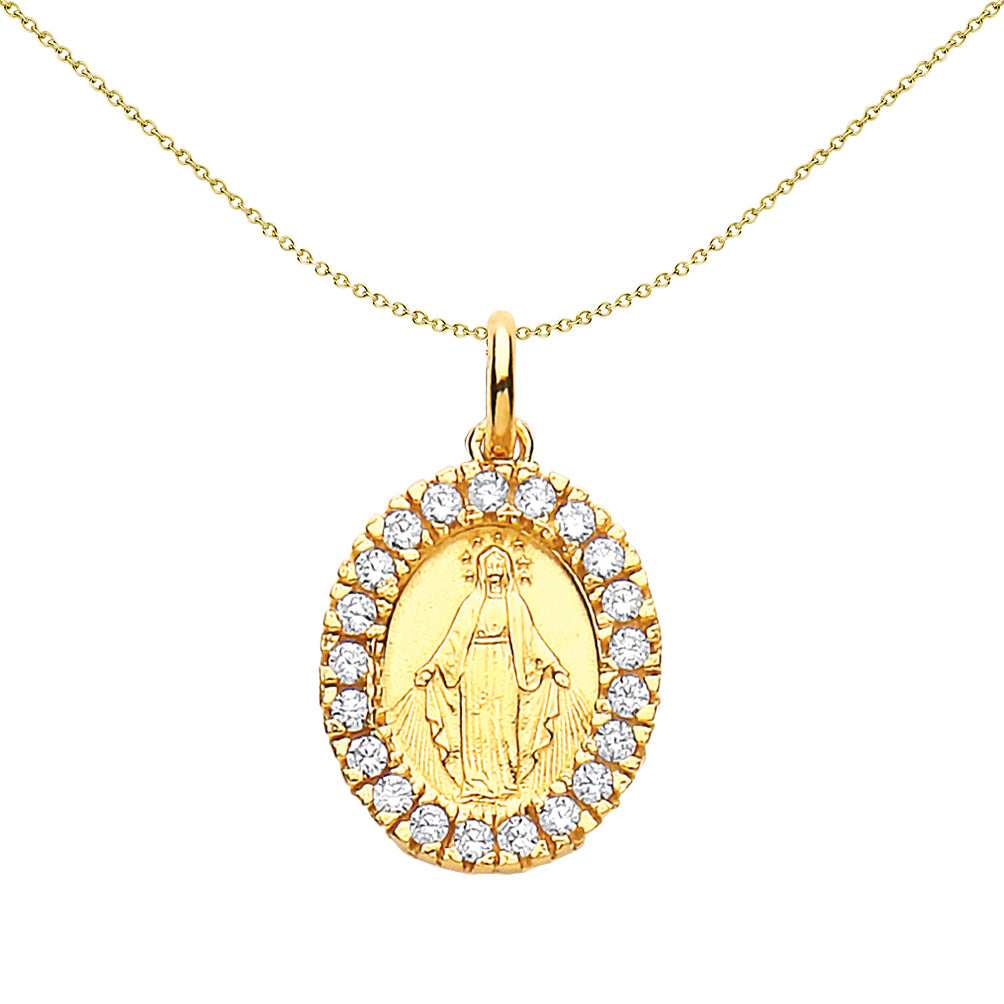 Gilded Silver  CZ Oval Madonna Miraculous Medallion Necklace 18" - GVP223G