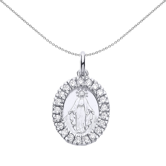 Silver  CZ Oval Halo Madonna Miraculous Medallion Necklace 18" - GVP223RH