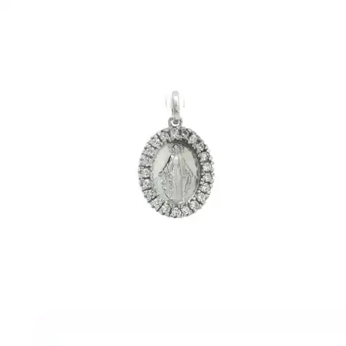 Silver  CZ Oval Halo Madonna Miraculous Medallion Necklace - GVP223RH