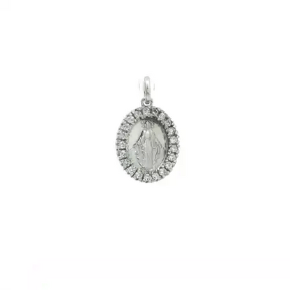 Silver  CZ Oval Halo Madonna Miraculous Medallion Necklace - GVP223RH