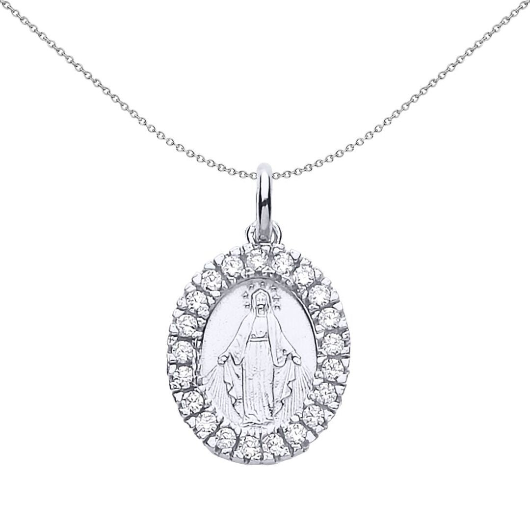 Silver  CZ Oval Halo Madonna Miraculous Medallion Necklace - GVP223RH