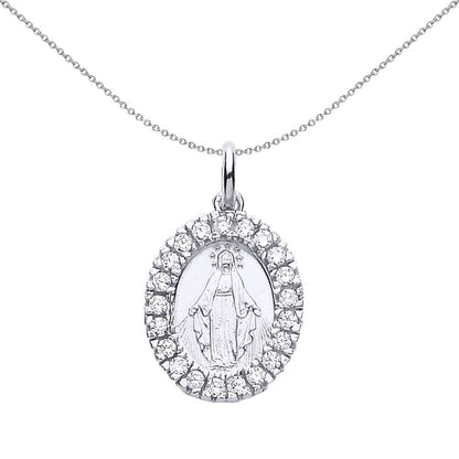 Silver  CZ Oval Halo Madonna Miraculous Medallion Necklace - GVP223RH