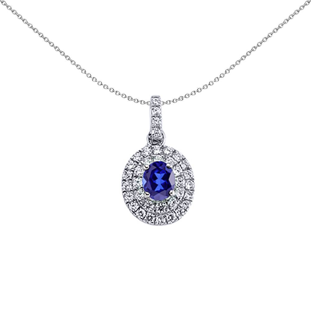 Silver  Blue Oval CZ Halo Pendant Necklace 18 inch - GVP224