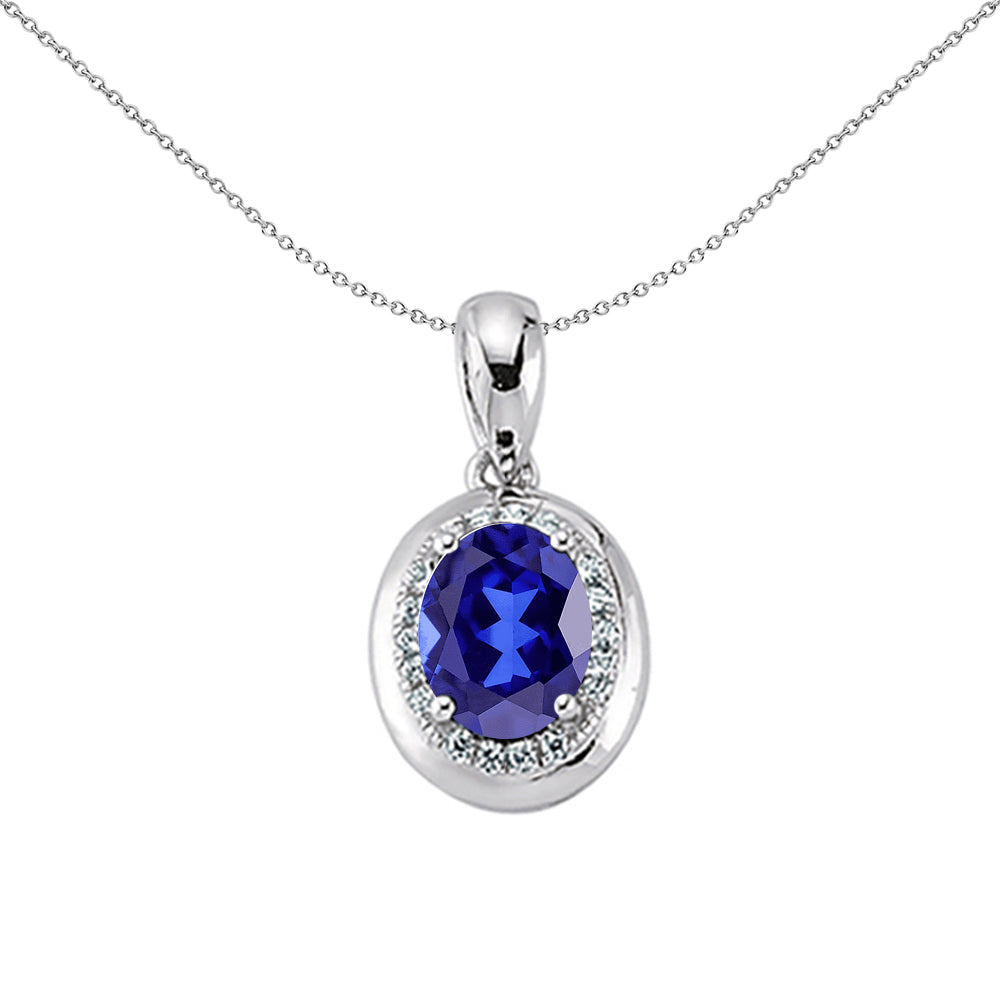 Silver  Blue Oval CZ Halo Pendant Necklace 18 inch - GVP225