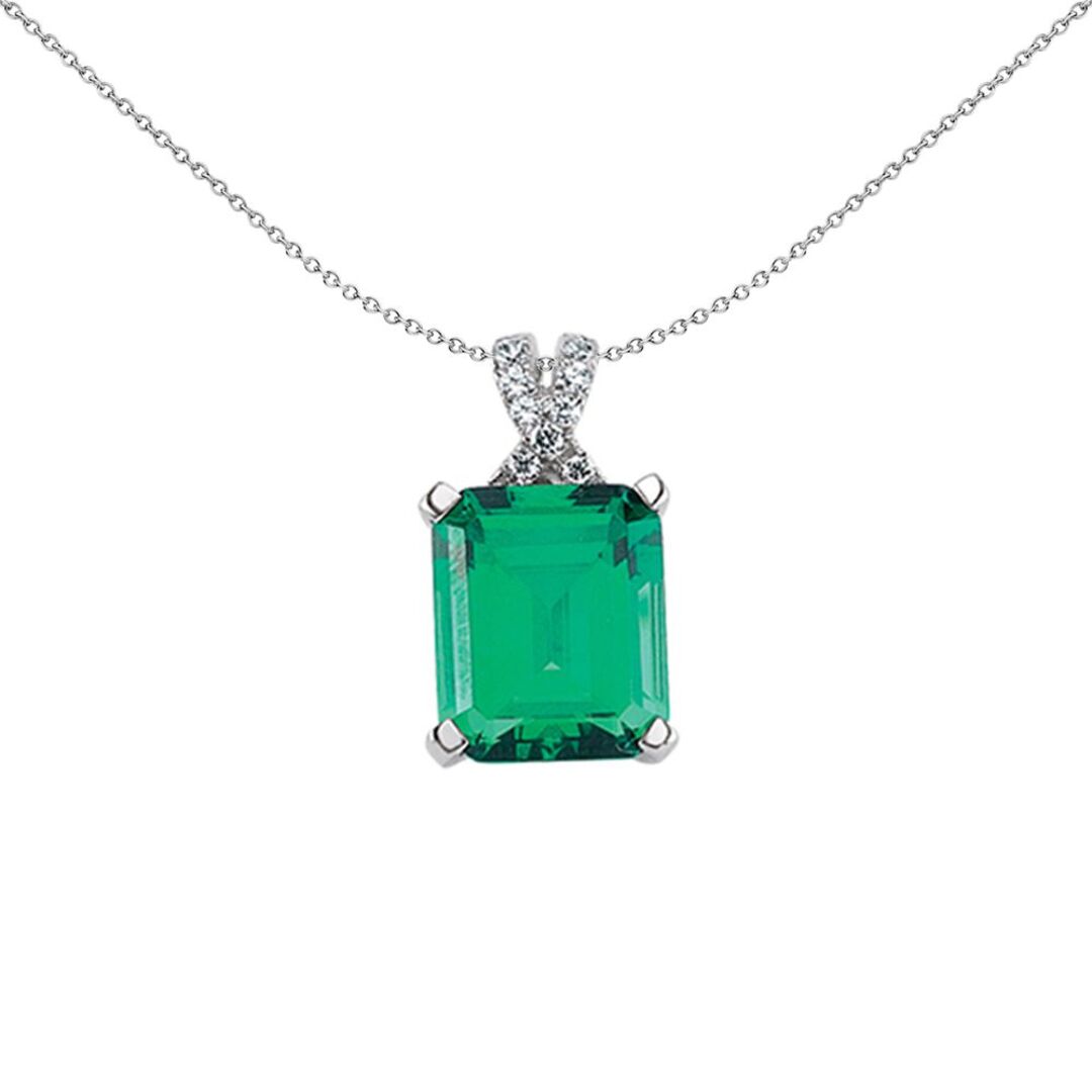 Silver  Green Emerald Cut CZ Crossover Pendant Necklace - GVP226