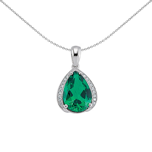 Silver  Green Pear CZ Tear of Joy Pendant Necklace 18 inch - GVP227