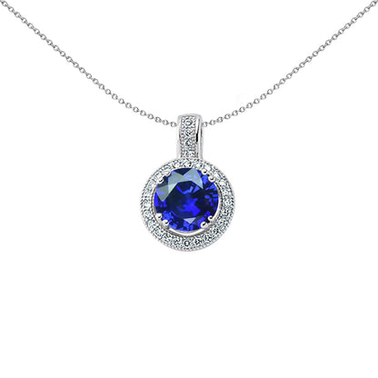 Silver  Blue CZ Halo Pendant Necklace 18 inch - GVP230