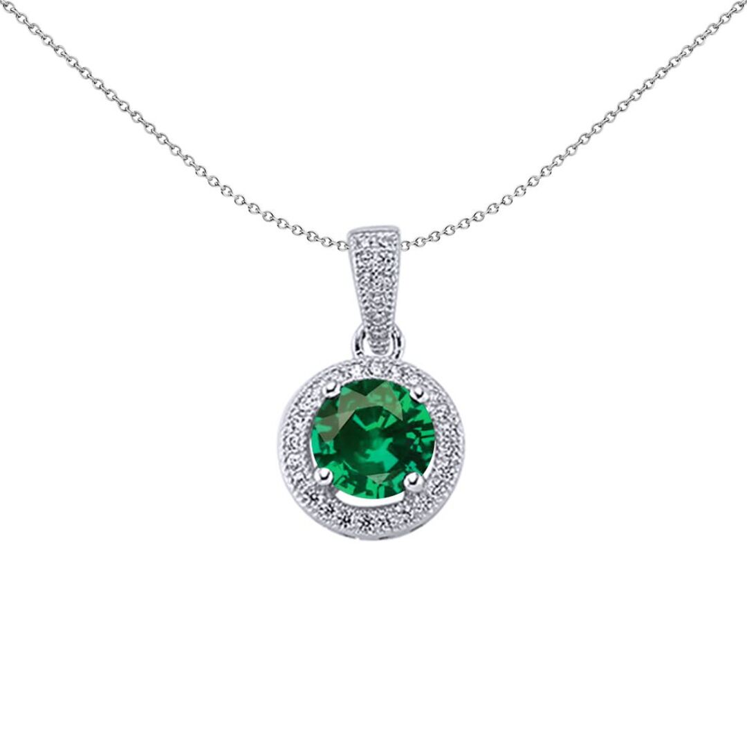 Sterling Silver  Green CZ Solitaire Halo Pendant Necklace - GVP233