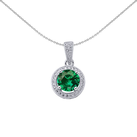 Sterling Silver  Green CZ Solitaire Halo Pendant Necklace - GVP233