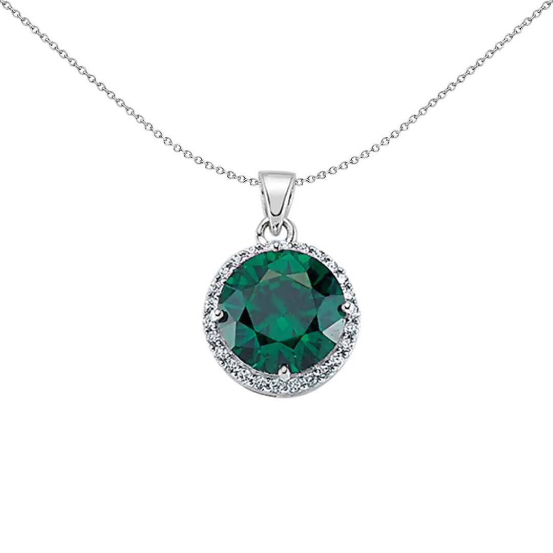 Sterling Silver  Green CZ Solitaire Halo Pendant Necklace - GVP234