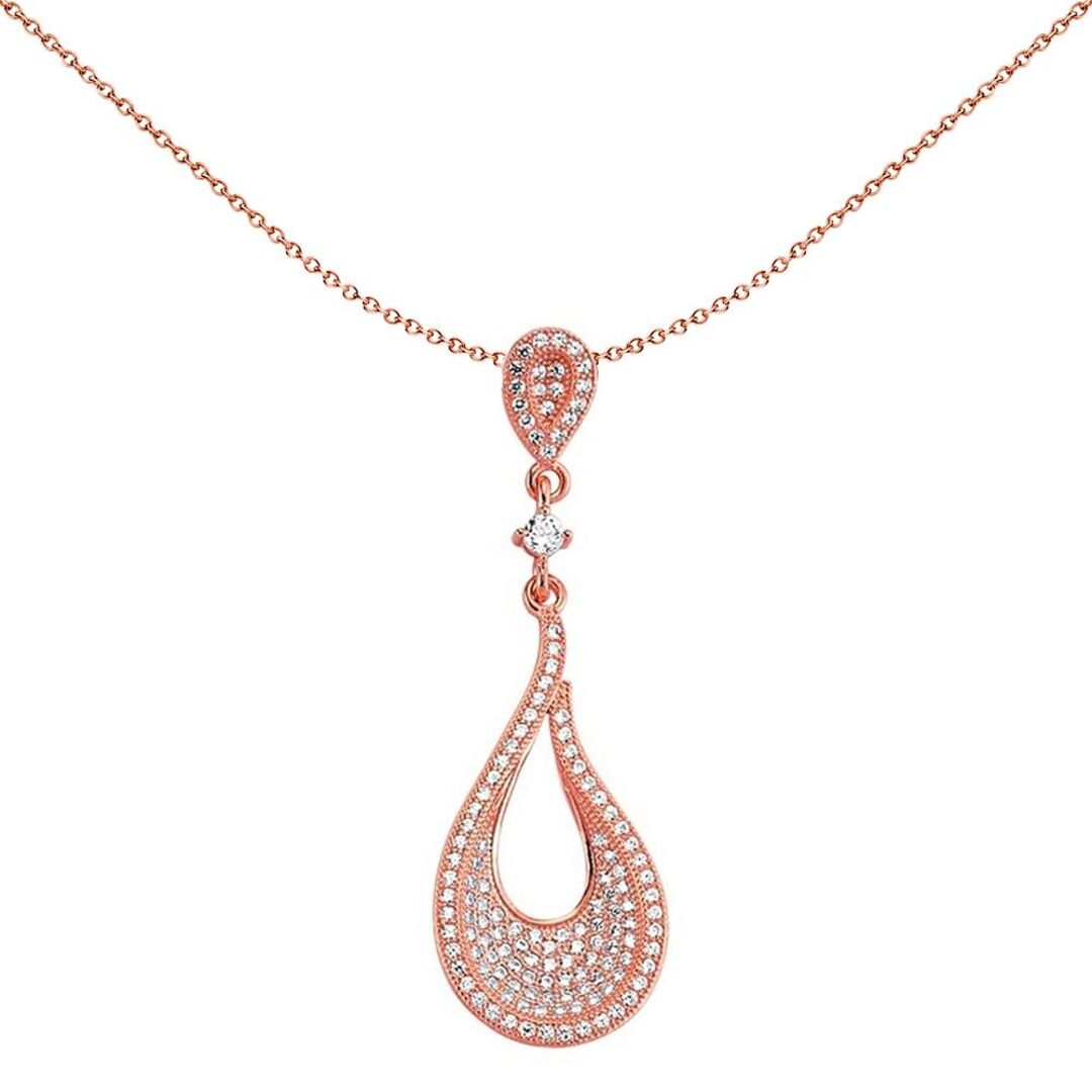 Rose Sterling Silver  CZ Open Flame Tears of Joy Pendant Necklace - GVP235