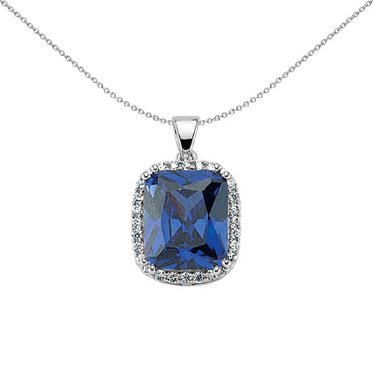 Silver  Blue Emerald Cut CZ Halo Pendant Necklace 18 inch - GVP237