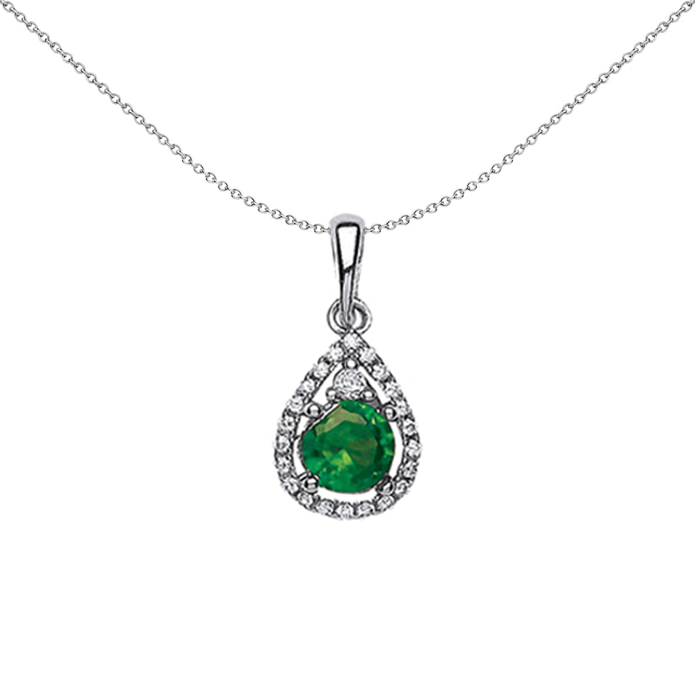 Silver  Green CZ Halo Tear of Joy Pendant Necklace 18 inch - GVP238EM