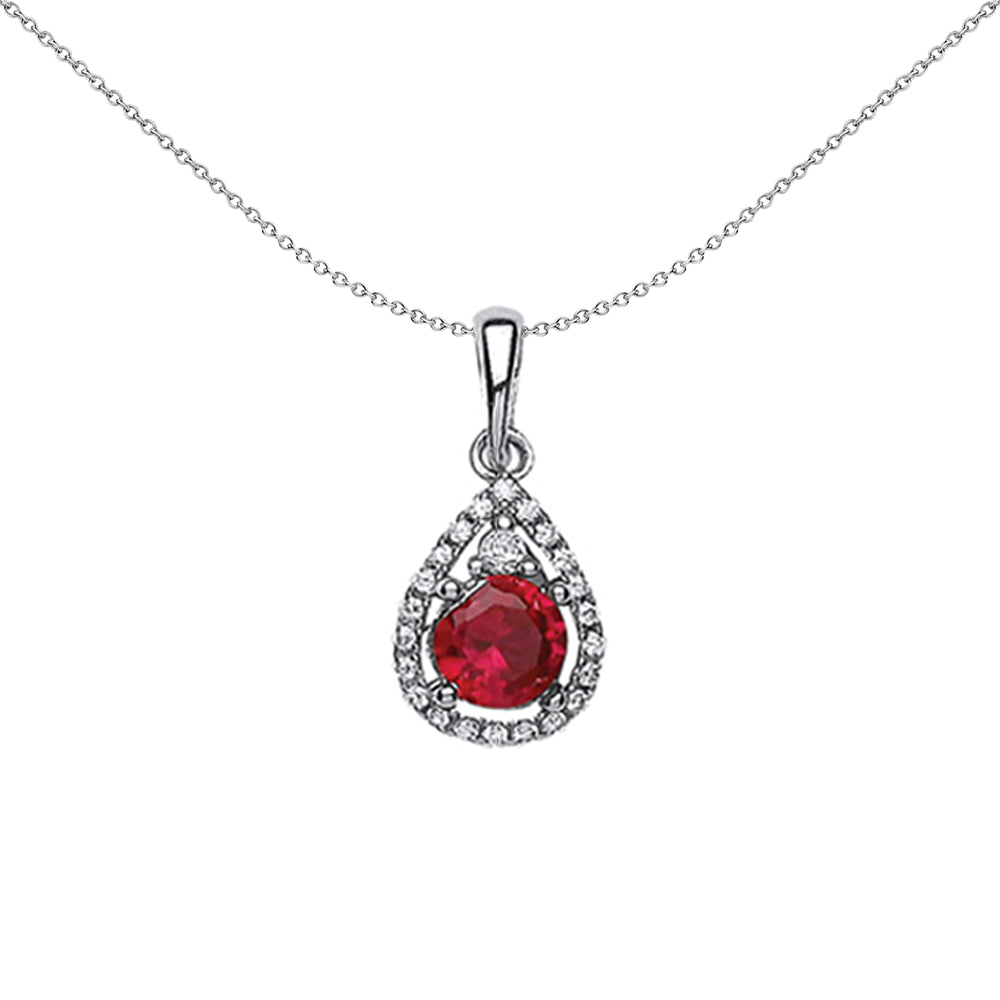 Silver  Red CZ Halo Tear of Joy Pendant Necklace 18 inch - GVP238RUBY