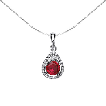 Silver  Red CZ Halo Tear of Joy Pendant Necklace 18 inch - GVP238RUBY