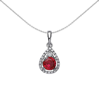 Silver  Red CZ Halo Tear of Joy Pendant Necklace 18 inch - GVP238RUBY