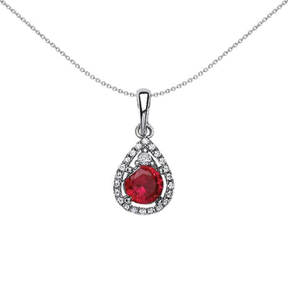 Silver  Red CZ Halo Tear of Joy Pendant Necklace - GVP238RUBY