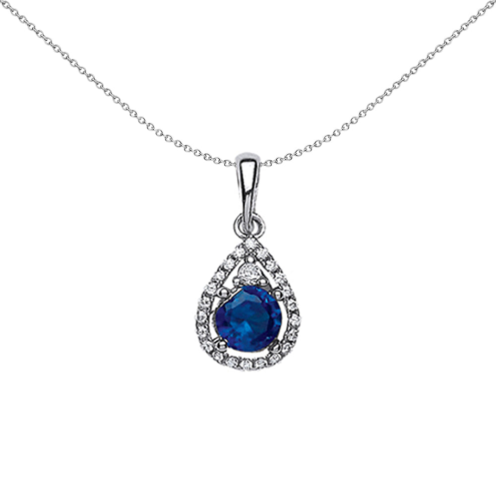 Silver  Blue CZ Halo Tear of Joy Pendant Necklace 18 inch - GVP238SAP