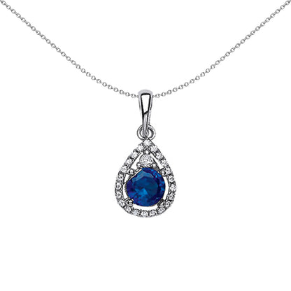 Silver  Blue CZ Halo Tear of Joy Pendant Necklace 18 inch - GVP238SAP