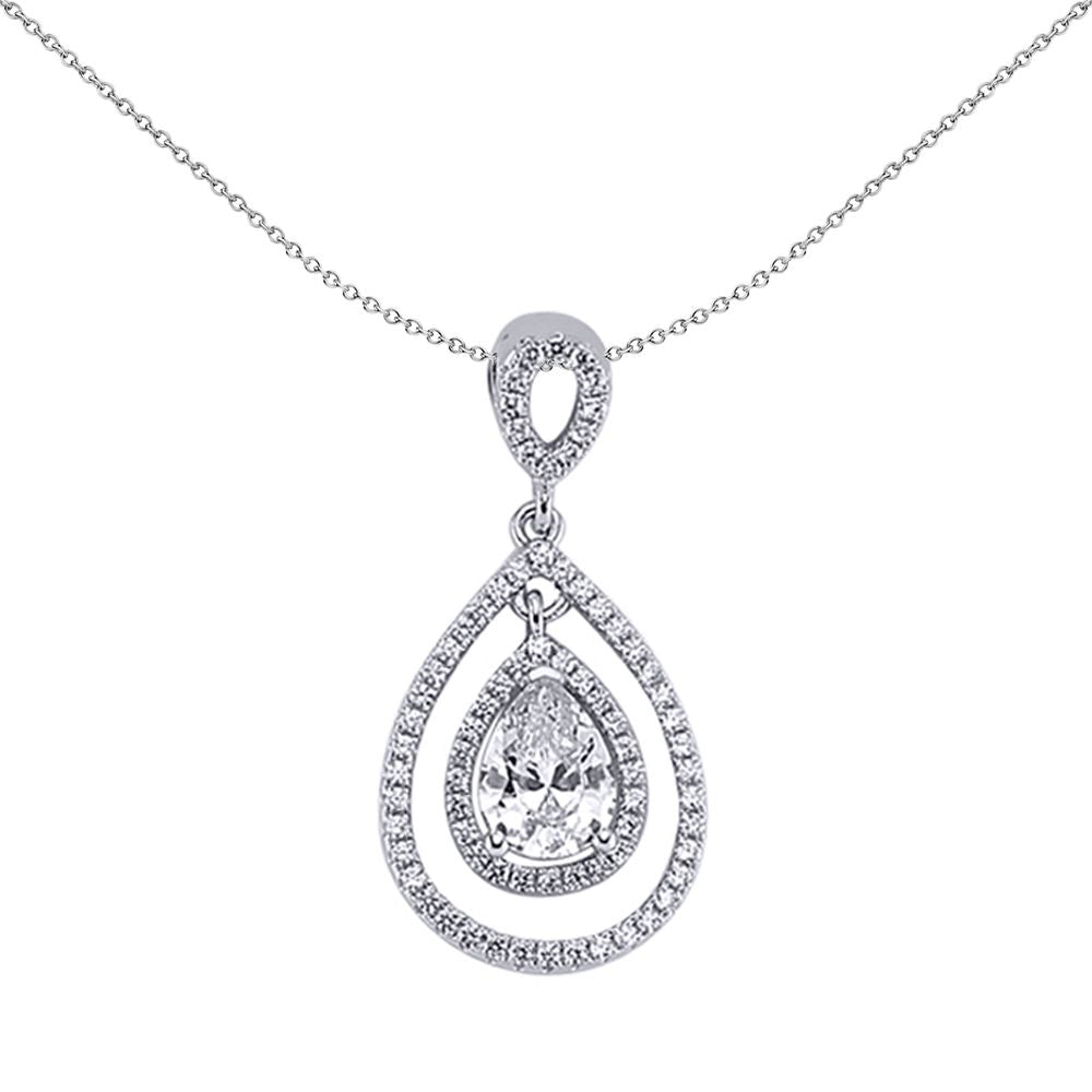 Silver  Pear CZ Teardrop Halo Pendant Necklace 18 inch - GVP241