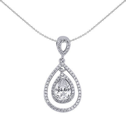 Silver  Pear CZ Teardrop Halo Pendant Necklace 18 inch - GVP241