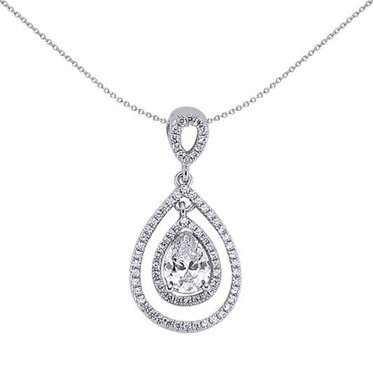 Silver  Pear CZ Teardrop Halo Pendant Necklace 18 inch - GVP241
