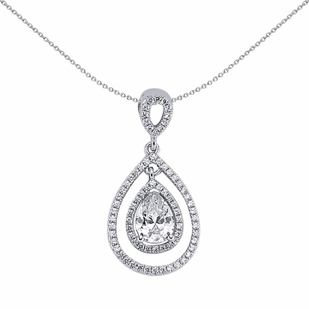 Silver  Pear CZ Teardrop Halo Pendant Necklace 18 inch - GVP241