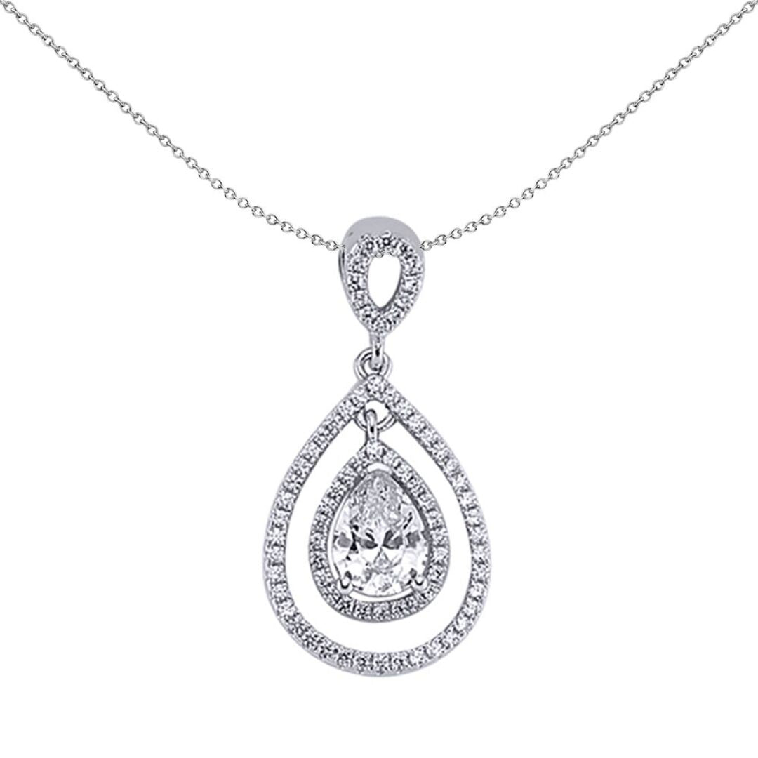 Sterling Silver  Pear CZ Inception Teardrop Halo Pendant Necklace - GVP241