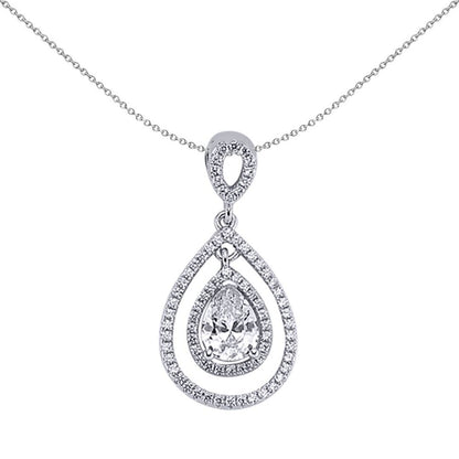 Sterling Silver  Pear CZ Inception Teardrop Halo Pendant Necklace - GVP241