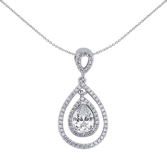 Sterling Silver  Pear CZ Inception Teardrop Halo Pendant Necklace - GVP241