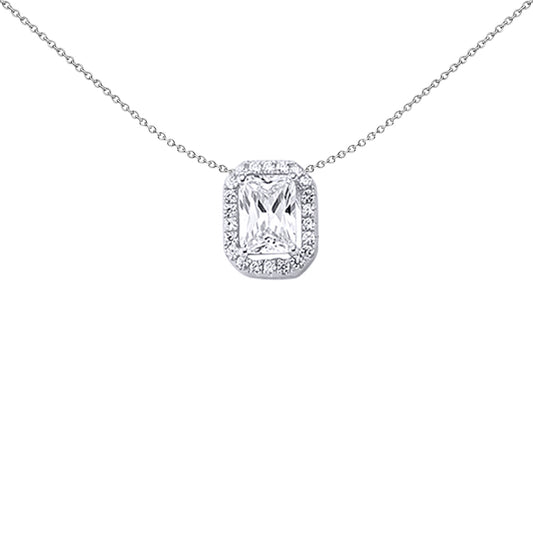 Silver  Emerald Cut CZ Halo Pendant Necklace 18 inch - GVP244