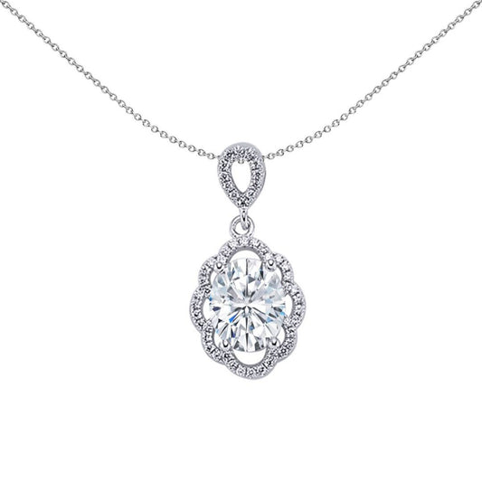 Sterling Silver  Oval CZ Scallop Floral Halo Pendant Necklace - GVP247