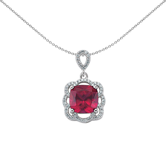 Silver  Red Asscher CZ Halo Cluster Pendant Necklace 18 inch - GVP250