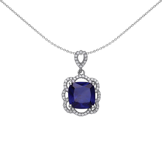 Silver  Blue Cushion CZ Floral Halo Pendant Necklace 18 inch - GVP250SAP