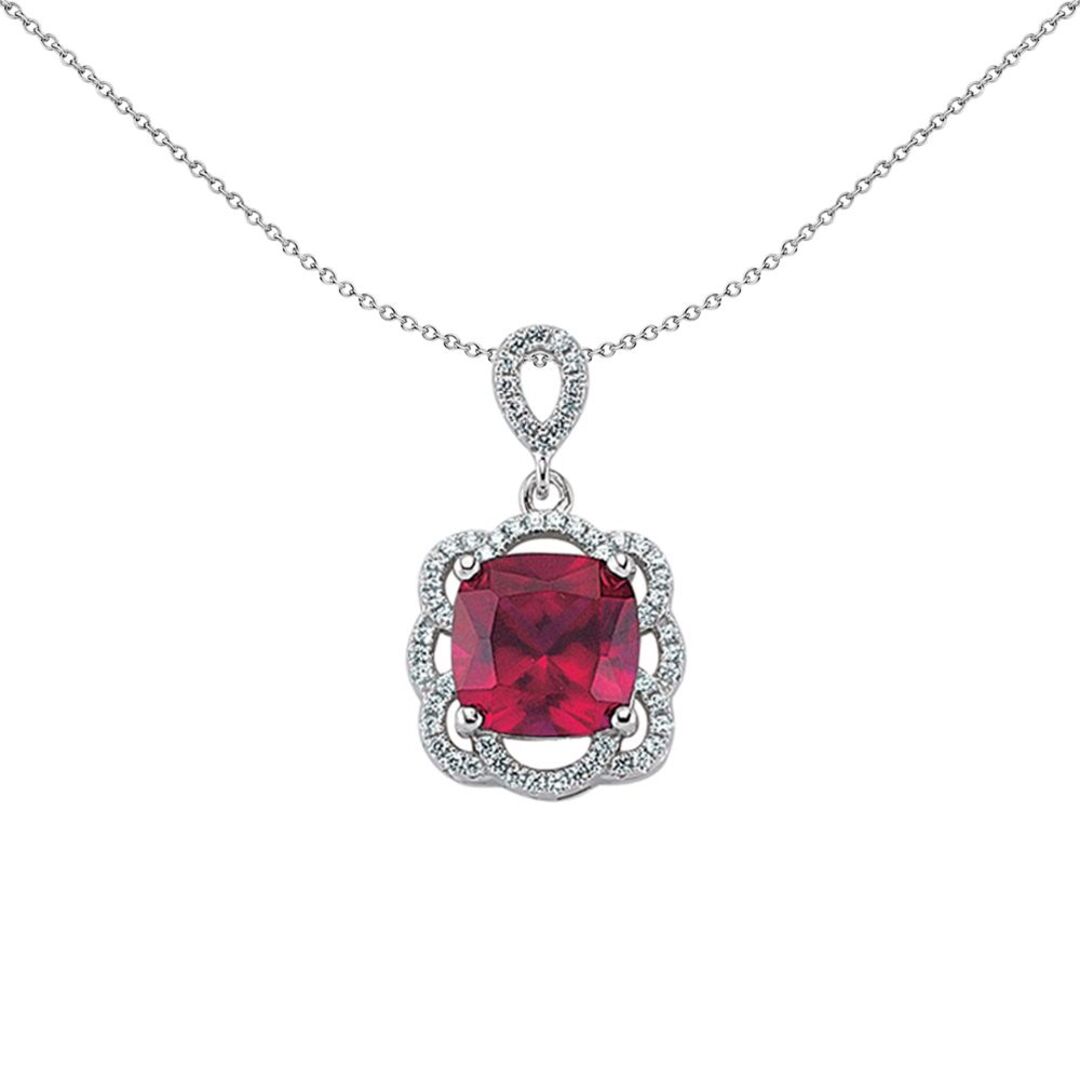 Sterling Silver  Red Cushion CZ Halo Cluster Scallop Pendant - GVP250