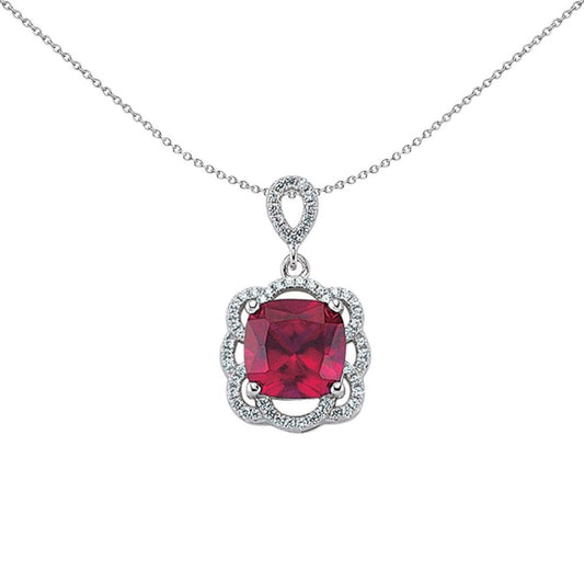 Sterling Silver  Red Cushion CZ Halo Cluster Scallop Pendant - GVP250