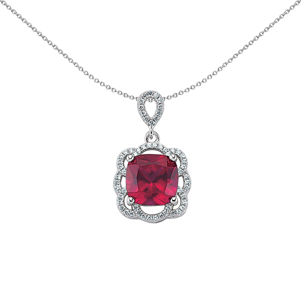 Silver  Red Cushion CZ Halo Cluster Pendant Necklace 18 inch - GVP250