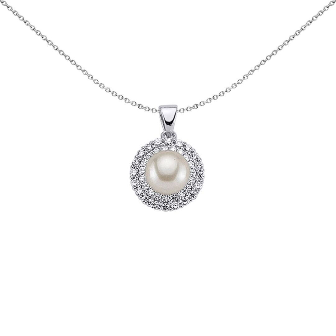 Sterling Silver  CZ Full Moon Pearl Halo Pendant Necklace 8mm - GVP290