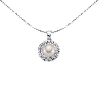 Sterling Silver  CZ Full Moon Pearl Halo Pendant Necklace 8mm - GVP290