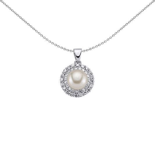 Sterling Silver  CZ Full Moon Pearl Halo Pendant Necklace 8mm - GVP290